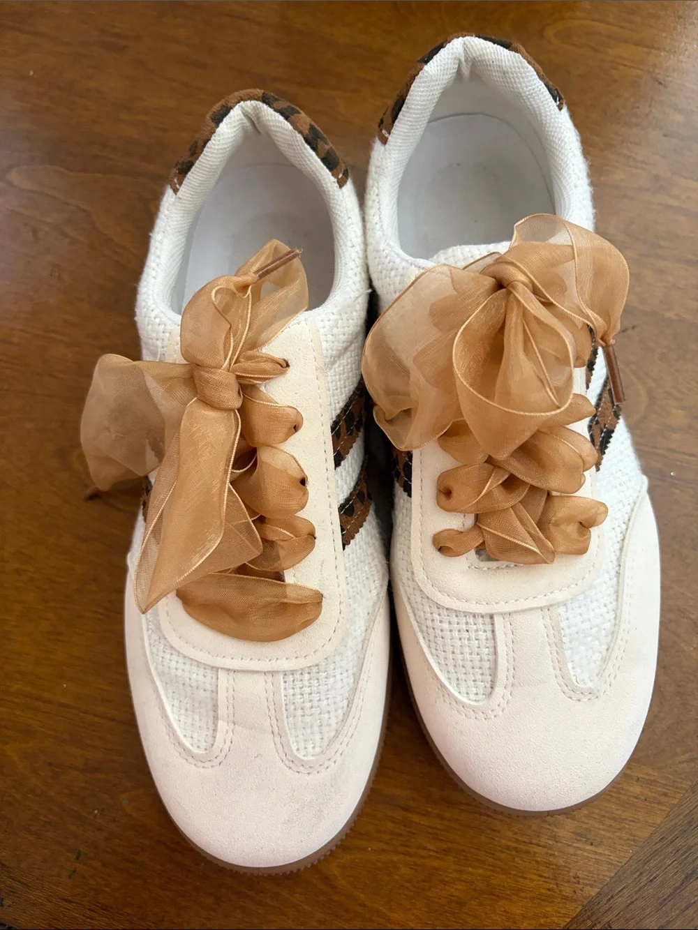 Women’s White Sneakers with Tan Organza Ribbon Laces